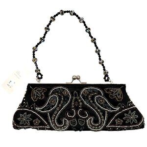 NWT Apt. 9 Black Beaded Evening Handbag Decorative Strap & Snap Closure